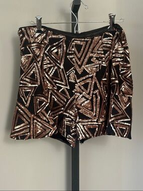 Lucy Paris Medium Black Satin Mid Rise Shorts with Bronze Sequins